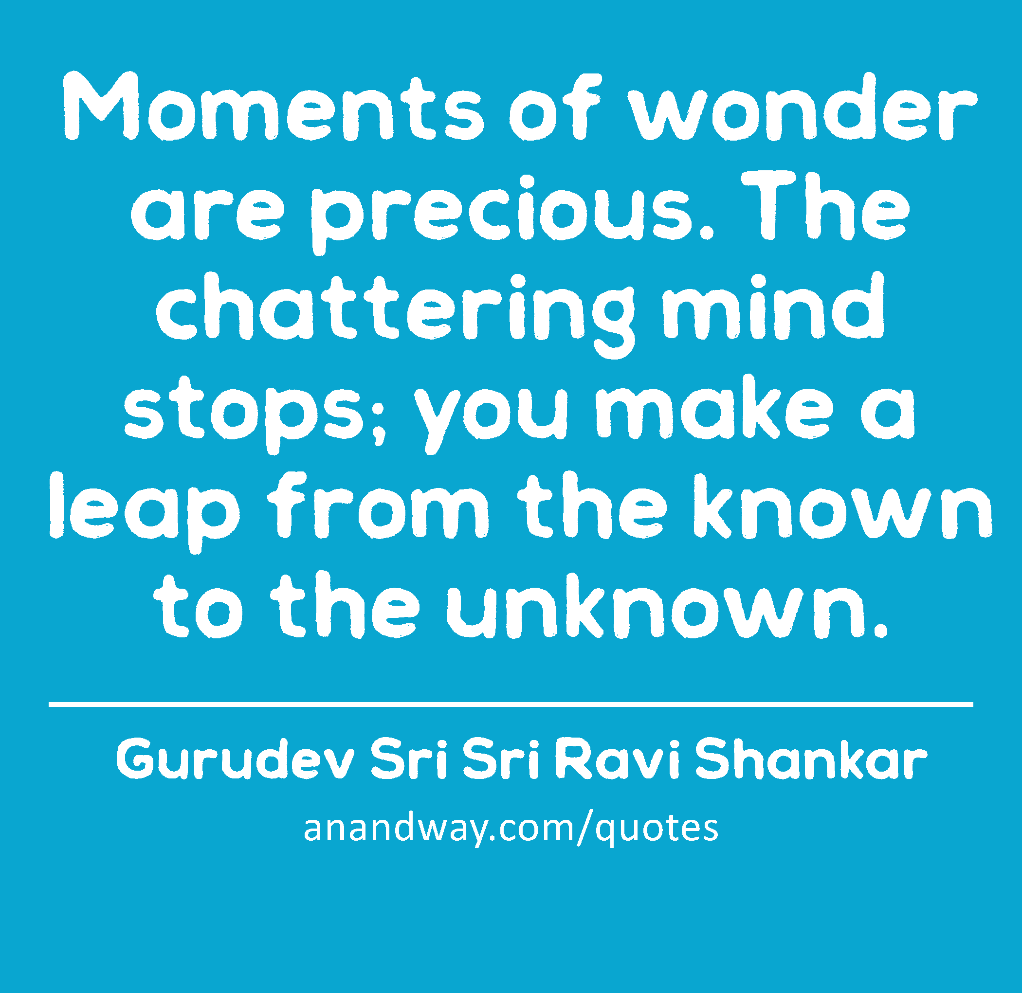 Moments of wonder are precious. The chattering mind stops; you make a leap from the known to the
 -Gurudev Sri Sri Ravi Shankar